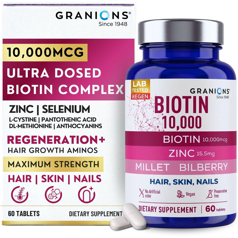 Granions Biotin 10,000 mcg Hair, Skin and Nails Pills - Extra Strength Biotin Complex with Zinc, Selenium, Millet, Bilberry, Aminos - Hair Growth Vitamins Supplement for Women & Men - 60 Tablets Biotin Tablets