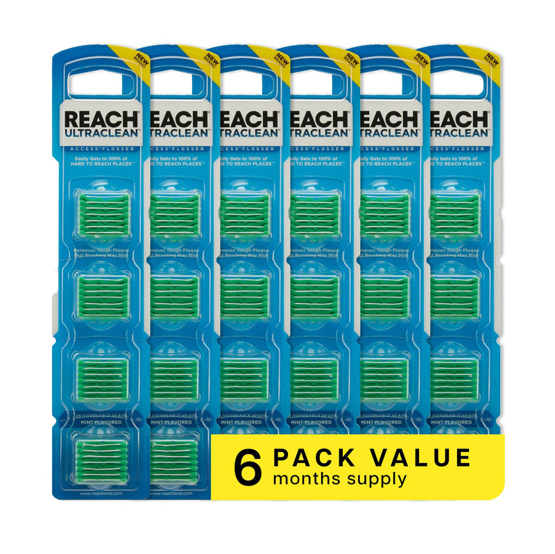 REACH Ultraclean Access Flosser Refill Heads, Mint, Plaque Remover for Teeth, Shred Resistant, for Hard to Reach Areas, Oral Care, PFAS Free, for Adults & Kids, 6 Pack, 28 Count 28 Count (Pack of 6) - BeesActive Australia