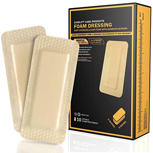 EVERLIT Care Silicone Foam Dressing with Adhesive Border | Highly Absorbent Hypoallergenic Bandages for Chronic Wounds, Bed Sores, Pressure Ulcers | Gentle & Secure Adhesion (2" x 5" | 10 Pack) 2" x 5" | 10 Pack