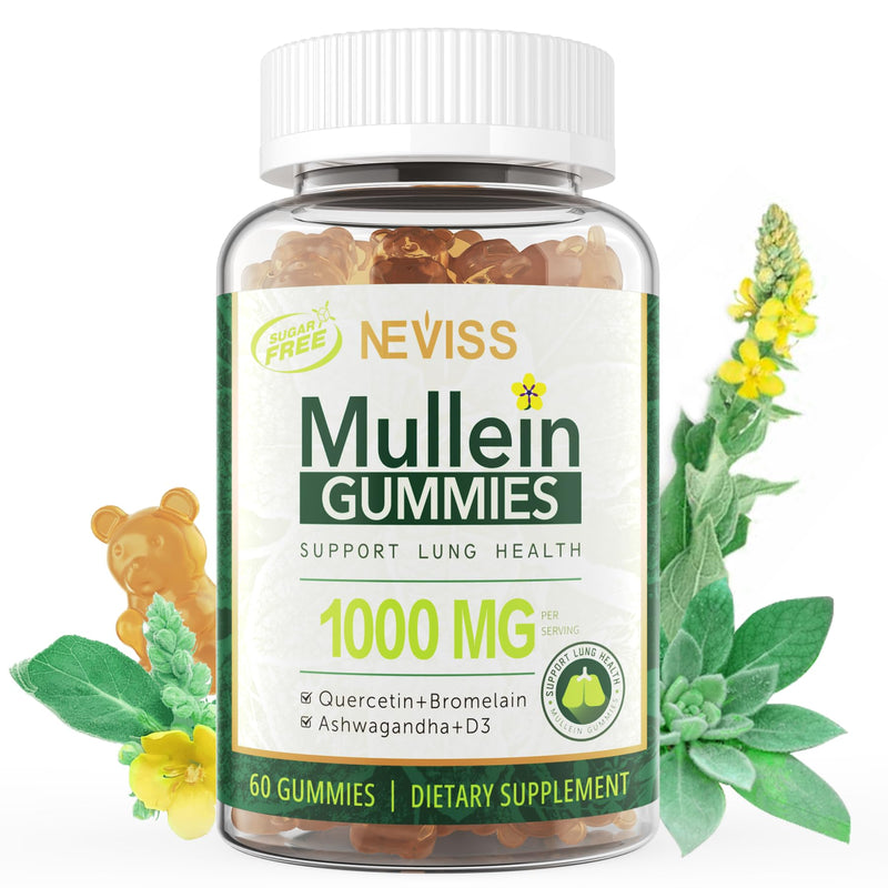 NEVISS Mullein Gummies for Lungs, Organic Mullein Leaf Extract 1000mg for Respiratory System with Quercetin & Bromelain, D3 for Digestive Support, Immune Booster, Sugar Free, Vegan, 60 Count 60 Count (Pack of 1)