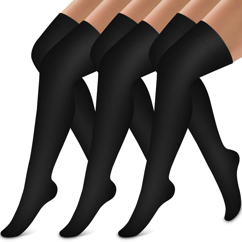 Bluemaple Thigh High Compression Socks for Women and Men Circulation(3 Pairs) Over the Knee-Best Support for Running,Travel Large-X-Large Black