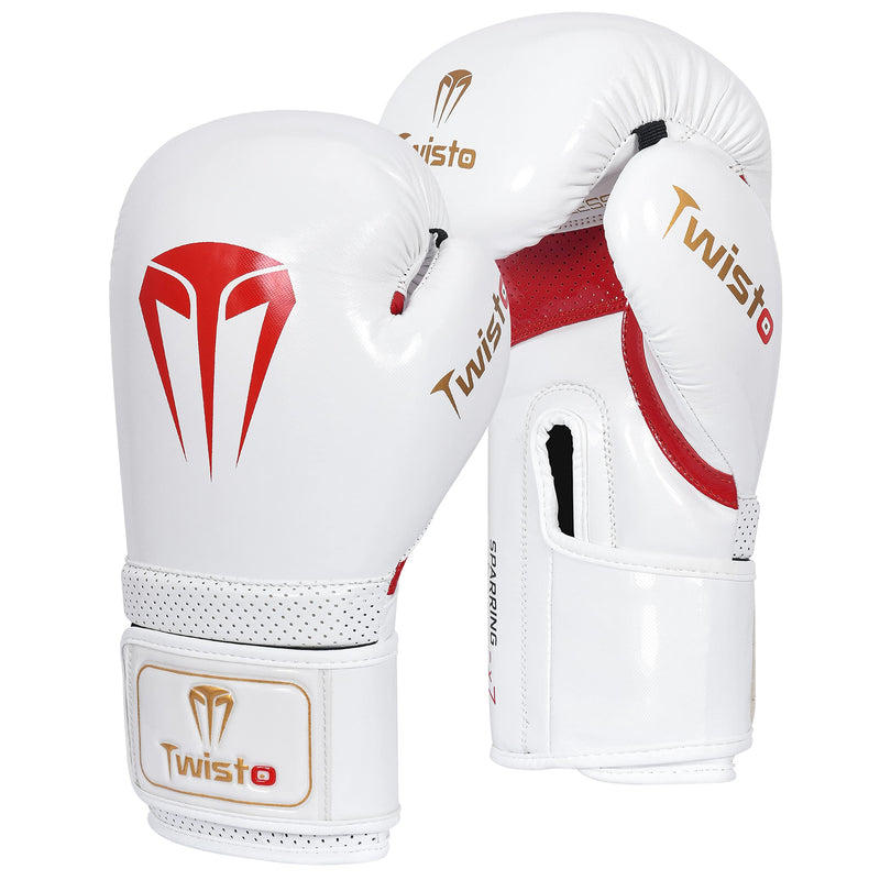 Twisto Boxing Gloves – Professional Training & Sparring Gloves for Men & Women – Muay Thai, MMA, Kickboxing, Heavy Bag, Gym Workout – Premium PU Leather with Wrist Support – 10oz 12oz 14oz 16oz 10 oz White / Red