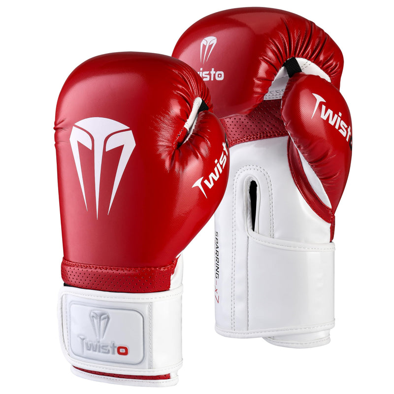 Twisto Boxing Gloves – Professional Training & Sparring Gloves for Men & Women – Muay Thai, MMA, Kickboxing, Heavy Bag, Gym Workout – Premium PU Leather with Wrist Support – 10oz 12oz 14oz 16oz 10 oz Red / White