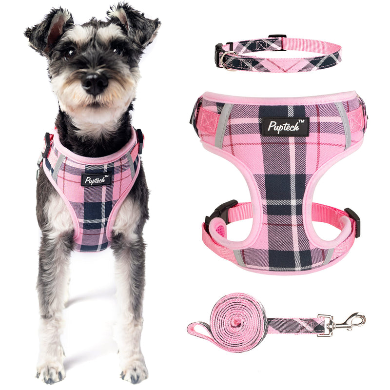PUPTECK Dog Harness and Leash Collar Set for Small Medium Dogs Puppy and Cats Walking No Pull Adjustable Reflective Soft Mesh Padded Plaid Harnesses Pet Accessories, Pink, M M (Chest 16"-21", Neck 14.5"-17") - BeesActive Australia