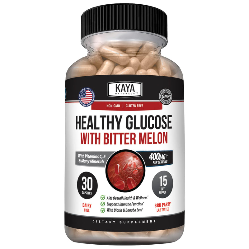 Kaya Naturals Healthy Gluco with Bittermelon Supplement | Support Healthy Levels and Function, 20 Herbs Vitamins and Minerals, Alpha Lipoic Acide, Cinnamon, Vitamin C & E, Non-GMO (30 Count)