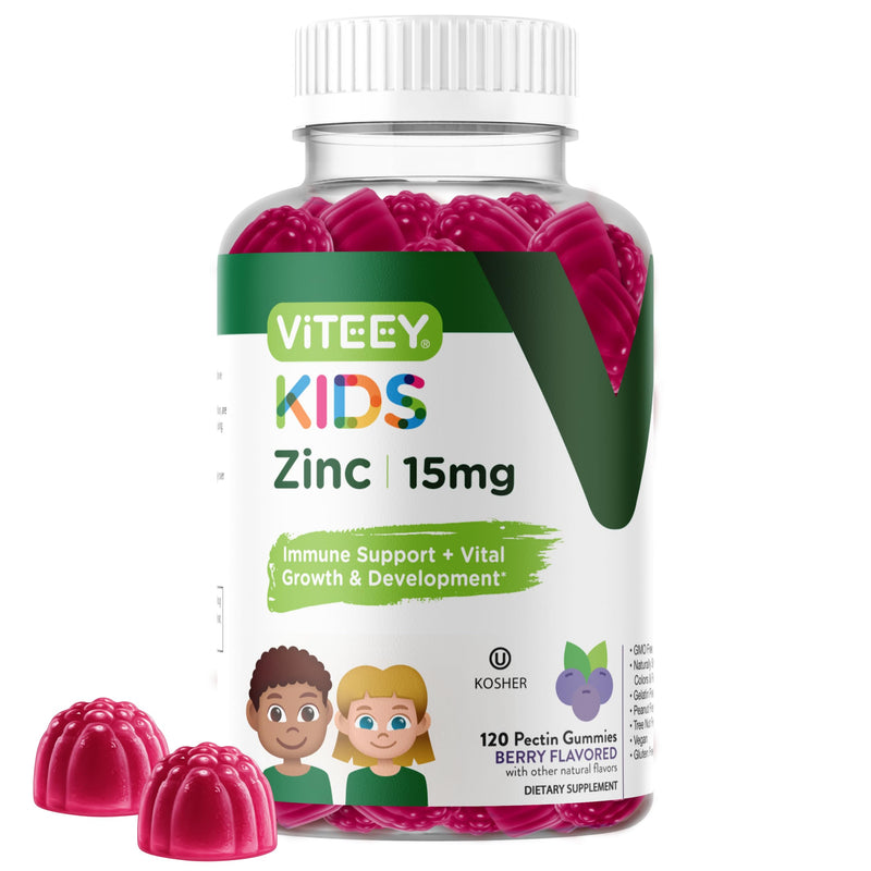 Viteey Zinc for Kids Gummies - 15mg - Tasty Chewable Berry Flavor Gummy | Immune Support - Powerful Natural Antioxidant, Kids Zinc Vitamin Supplement - Vegan, Gelatin Free, Gluten Free - 120 Count 120 Count (Pack of 1)