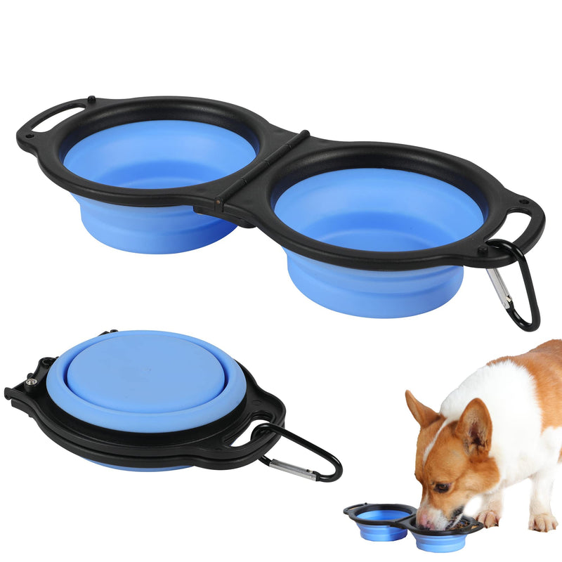 Collapsible Dog Bowls, Portable Travel Pet Feeder Bowl, 2 in 1 Expandable Silicone Pet Food & Water Double Bowl, Cat Feeder Dish with Carabiner for Walking, Traveling, Hiking, Camping - BeesActive Australia