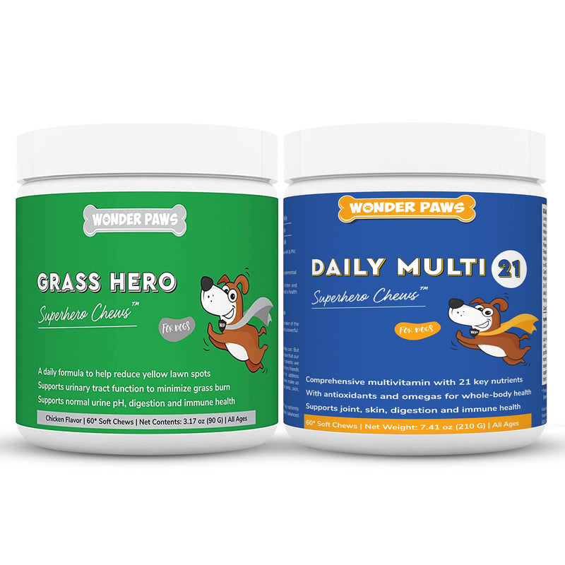 WONDER PAWS Grass Hero Soft Chews Plus Multivitamin Chews - for Dogs Urinary Tract Health, Lawn Care, Immune System Support & Daily Wellness - Grass Hero 60 Chews - Multivitamin 60 Chews