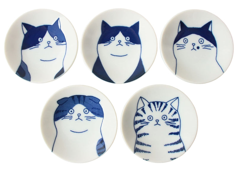 Mino ware Japanese Ceramics Mini Plate/Dish Set of 5 Five Cat Faces White & Blue made in Japan (Japan Import) GBS001 - BeesActive Australia