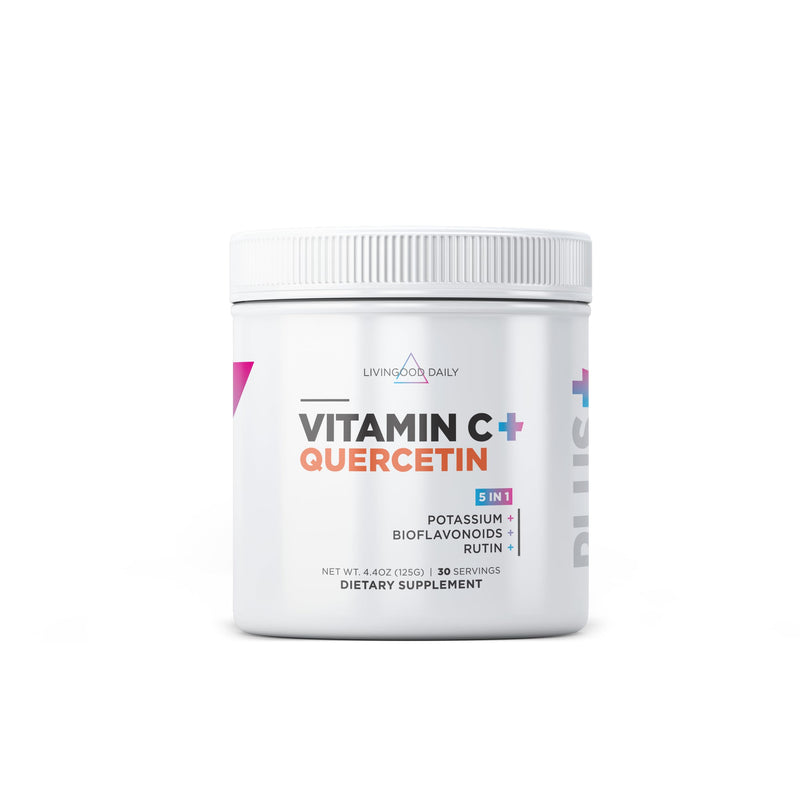 Livingood High Dose Vitamin C Powder, 2,500mg Ascorbic Acid, 30 Servings | 5-in-1 Immune Support Supplement, Vit C, Quercetin, Potassium, Biolavonoids, Rutin, Sweet Orange, Sugar Free, Made in USA