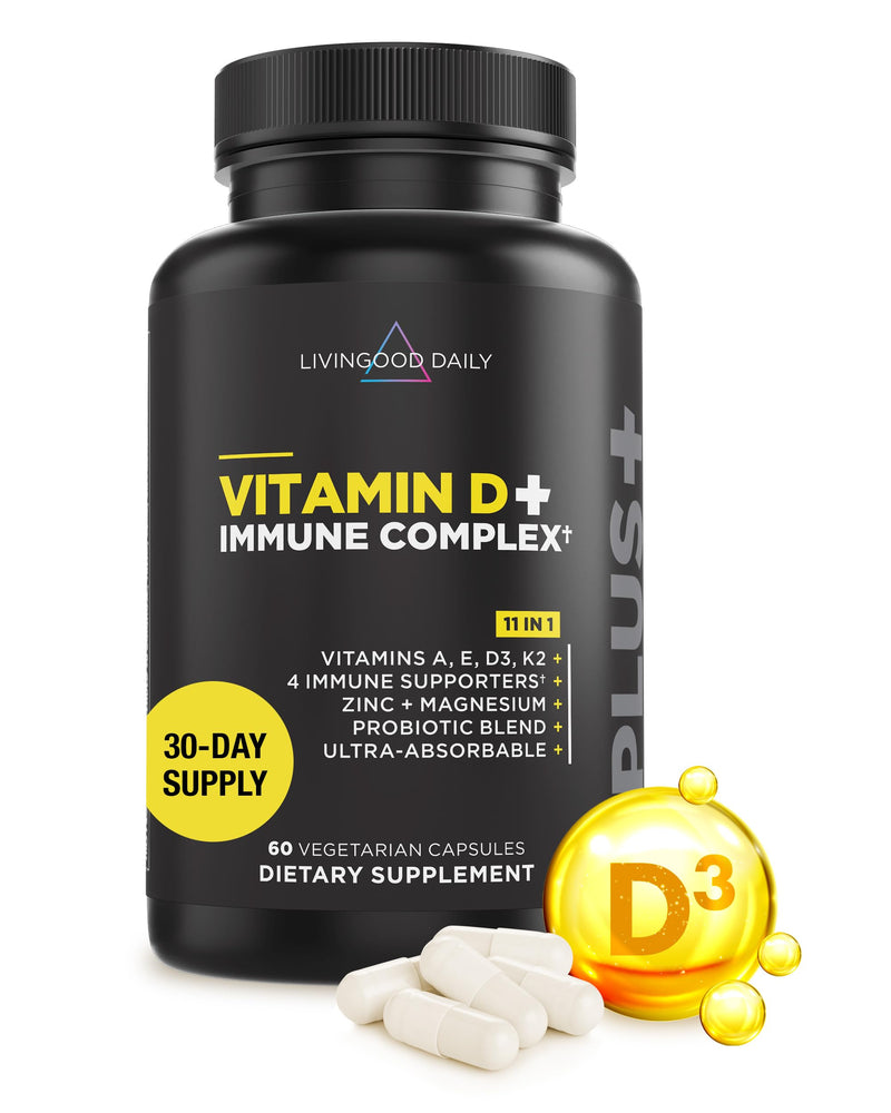 Livingood Daily Vitamin D3 K2 4000 IU Supplement, 9-in-1 Dietary Supplement for Immune Support - Made with Vitamins D, A, E, K2, Zinc, Magnesium & Probiotic Blend for Maximum Absorption - 60 Capsules - BeesActive Australia