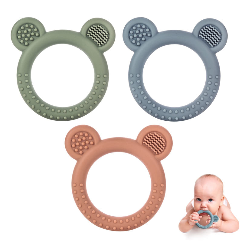 Eascrozn Baby Teething Toys for Babies 0-6 Months Set of 3, Baby Toys 6 to 12 Months, BPA Free Soft and Textured Bear Ring Silicone Teether Relief Soothing Sore Gums Chew Infant Toys - BeesActive Australia
