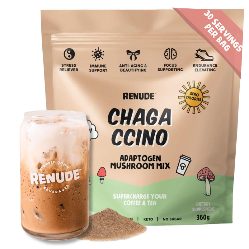 Renude Chagaccino - Chaga Mushroom Powder, Mushroom Coffee Drink Mix with Adaptogens, Natural Energy and Immune Support, Vegan, Keto, Zero Calorie Mushroom Blend Powder - 30 Servings Chagaccino: 30 serving bag