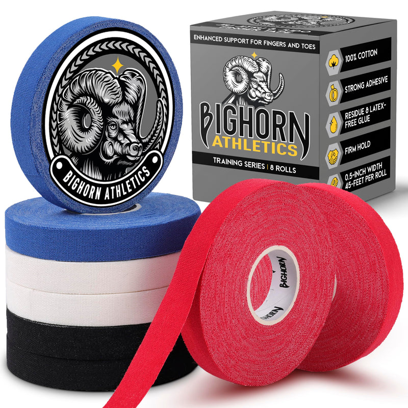 Bighorn Athletics Jiu Jitsu Finger Tape, 0.5-Inch x 45-feet, 8-Rolls | Residue-Free Adhesive | Athletic Sports Tape for BJJ, Wrestling, Climbing, Volleyball, Hands & Toes | Black, Blue, Red, White - BeesActive Australia
