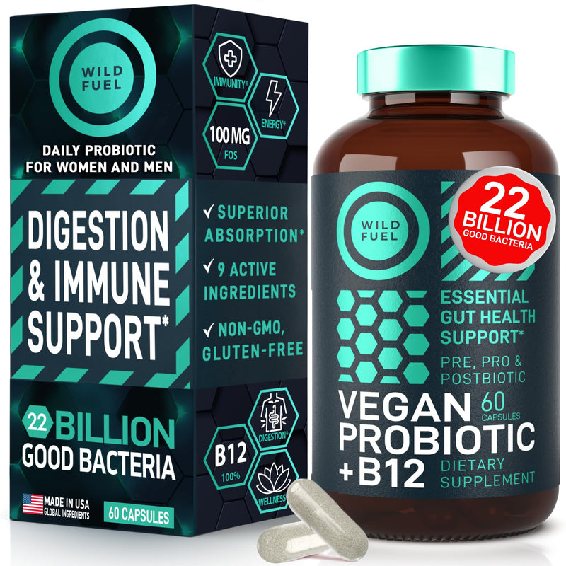 Vegan Probiotic Plus B12 & FOS - 22 Billion CFU Synbiotics Prebiotics and Probiotics for Digestive Health, IBS, Mood Support - B12 Pre Pro Post Biotics for Women & Men - 60 Gluten-Free Capsules Probiotic Unflavored