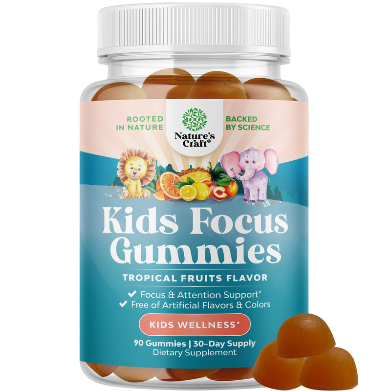 Kids Focus Gummies - Nootropics Brain Support Supplement for Kids with Green Tea Extract, B6 & B12 Vitamins for Memory and Brain Focus - Herbal Concentration Chews for Children - 90 Count 90 Count (Pack of 1)