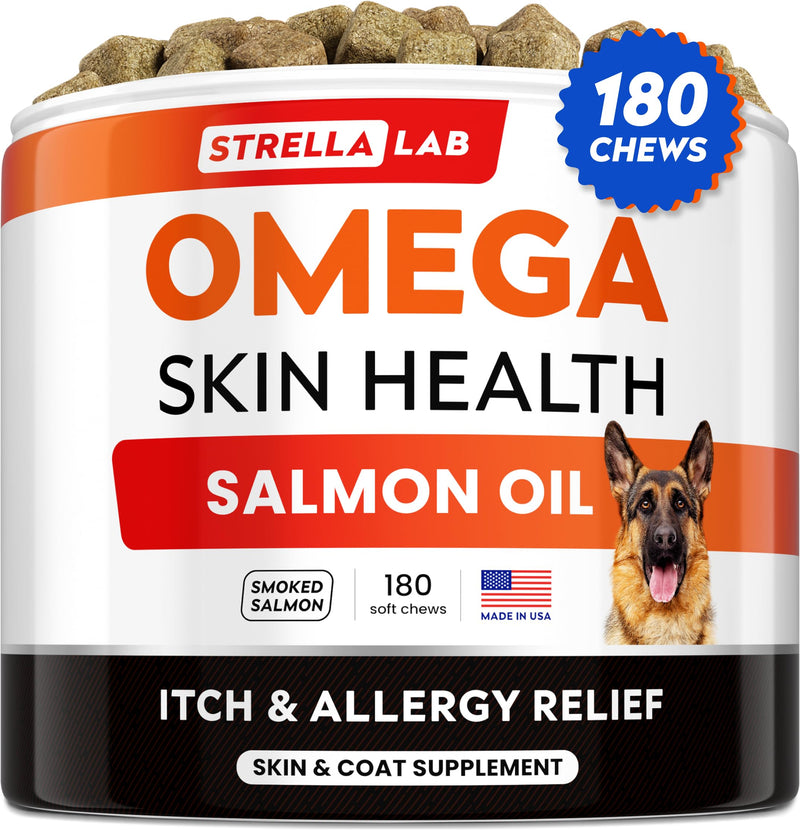 StrellaLab Omega 3 for Dogs - (180Ct) Fish Oil Treats - Allergy & Itch Relief Skin&Coat Supplement - Dry Itchy Skin, Shedding, Hot Spots Treatment, Anti Itch - Pet Salmon Oil Chews - Smoked Salmon - BeesActive Australia