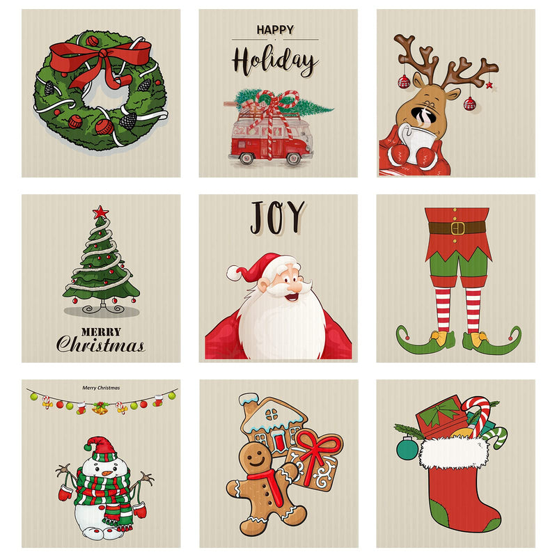 9 Pcs Christmas Swedish Themed Dishcloths Reusable Absorbent Swedish Style Cleaning Dishcloths Xmas Kitchen Dish Cloth Towels Cleaning Wipe for Home Party Clean Housewarming, 7 x 8 in (Vivid Style) Vivid Style 9 - BeesActive Australia