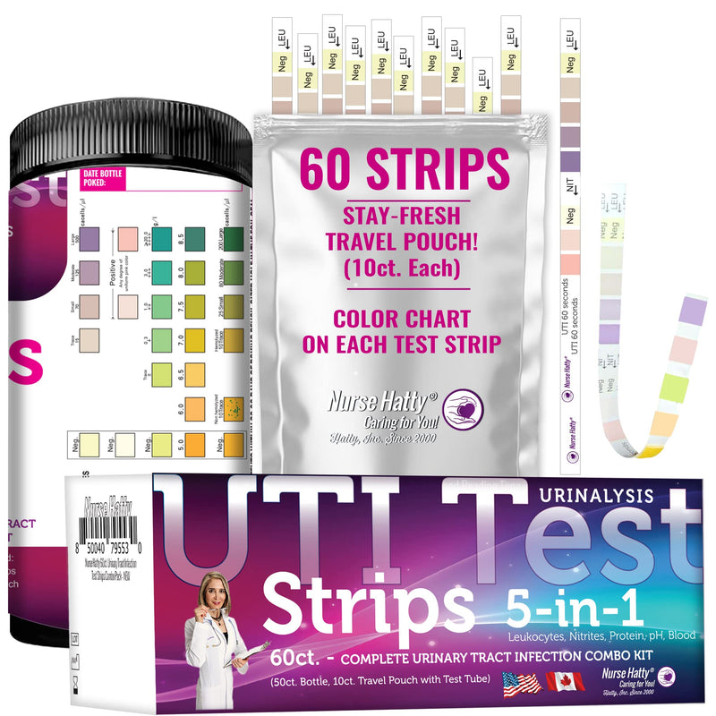 Nurse Hatty - 5in1 60ct. UTI Test Strips KIT - Urinary Tract Infection Test Strips - Easy to Read Color Chart on Strip - Urinalysis Test to Analyze Leukocytes, Nitrite, pH, Protein, and Blood