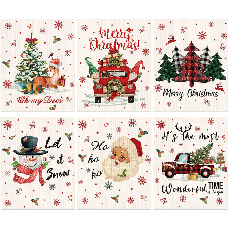 6 Pieces Christmas Swedish Kitchen Table Dishcloths Reusable Christmas Dish Towels Absorbent Cleaning Cloth Fast Dry Kitchen Dishcloth with Santa, Snowman, Christmas Tree, Deer for Kitchen Cleaning Bright Style - BeesActive Australia