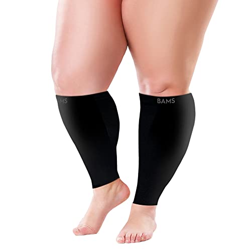BAMS Plus Size Calf Compression Sleeve for Women & Men, Viscose from Bamboo Extra Wide Leg Support for Shin Splints, Leg Pain Relief and Support, Swelling, Travel (Calf Black, XXL) XX-Large
