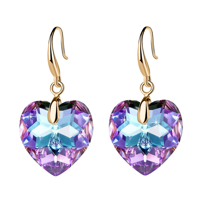 Love Heart Austrian Crystal Earring For Women,14K Gold Plated Hypoallergenic Drop Earrings For Sensitive Ears 1-Gold-Purple - BeesActive Australia