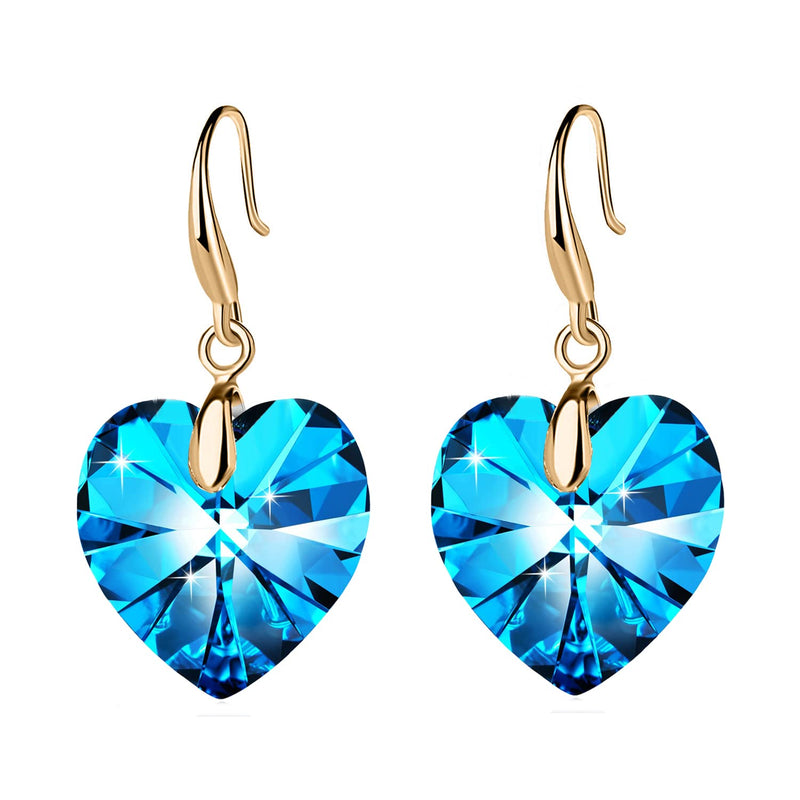Love Heart Austrian Crystal Earring For Women,14K Gold Plated Hypoallergenic Drop Earrings For Sensitive Ears 1-Gold-Blue - BeesActive Australia