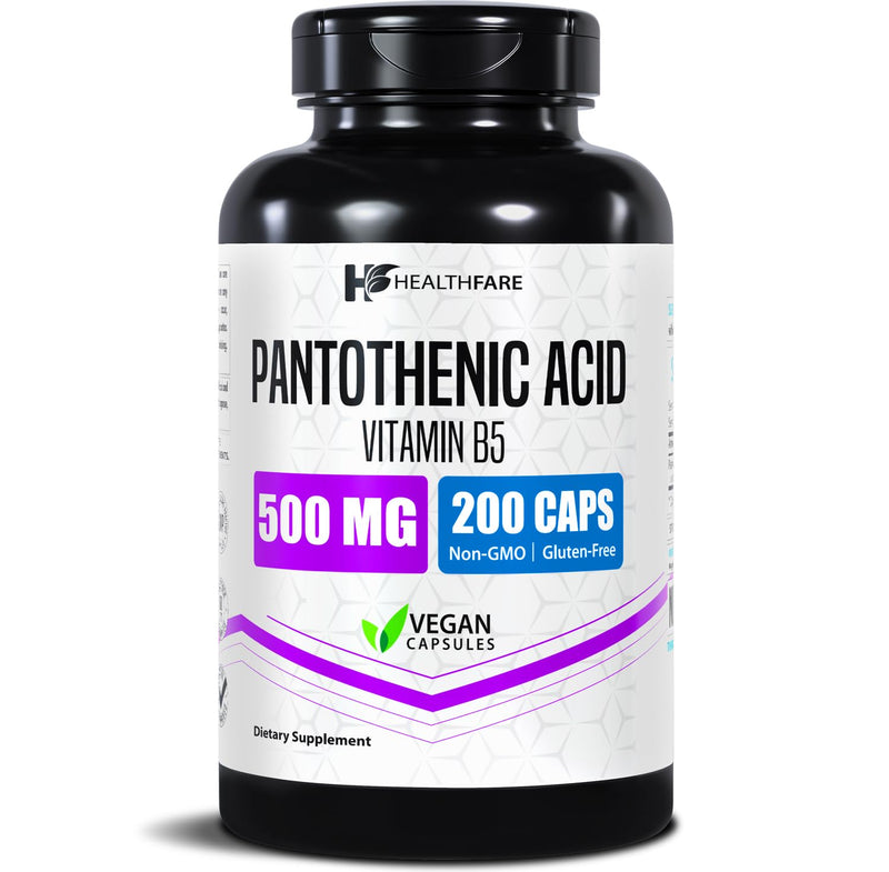 Healthfare Pantothenic Acid 500mg Vitamin B5 Supplement | 200 Vegan Capsules | Extra Strength Energy & Metabolism Support | Non-GMO, Gluten-Free | Made in USA 200 Count (Pack of 1)