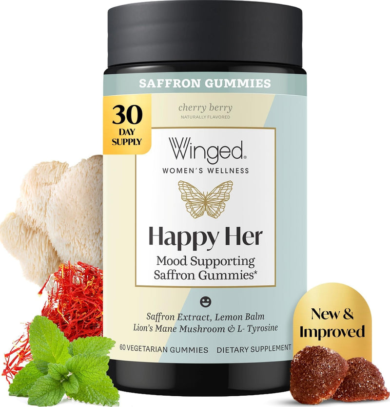Winged Wellness Happy Her, Daily Mood Support Gummies for Women, 60 Gummies | Daily Mood Enhancer Vegan Supplement - Saffron, L-Tyrosine, Lemon Balm, & Lions Mane Mushrooms for Balance & Calming Relief 60 Count (Pack of 1)