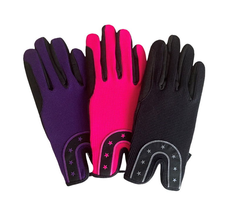 Ladies All Sports Outdoor Equestrian Gloves Horseshoe Design in Pink, Black & Purple Medium - BeesActive Australia