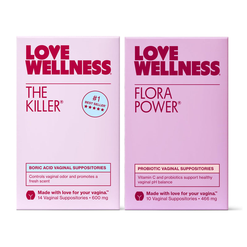 Love Wellness The Killer & Flora Power | Vaginal Suppository Duo | 2 Pack | For internal use, Vaginal Probiotic blend, Contains vitamin C, 600mg Boric Acid, Fragrance-free, NON-GMO, Paraben-free Vaginal Suppository Duo (24 counts)