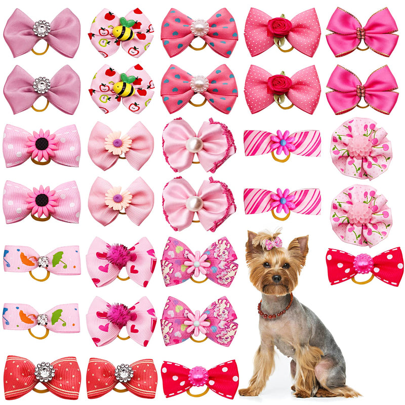 30PCS/15PAIRS Pink Dog Hair Bows with Rubber Bands Puppy Hair Bowknot Top Knot Elastic Radom Pattern for Girl Female Doggy Poodle Pet Animal Grooming Accessories Attachment - BeesActive Australia