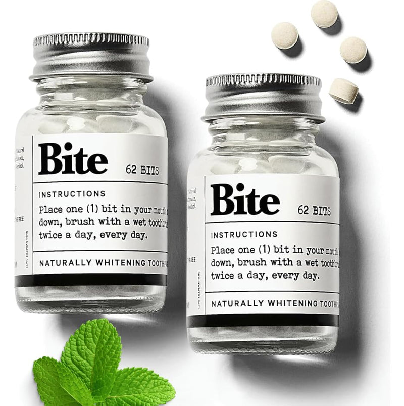 Bite Whitening Toothpaste Tablets – 2 Months – Fluoride Free, Nano Hydroxyapatite + Xylitol, Mint – Vegan, Cruelty-Free, Made in USA, Sensitive Teeth, Travel Size, Adults, Kids, (2 Bottles, 124 Tabs)