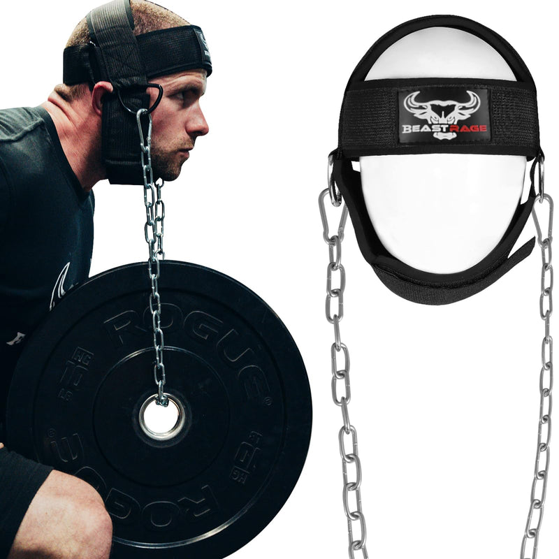 BEAST RAGE Neck Harness for Men, Long Steel Chain 30 inches Weightlifting Head Trainer Adjustable Strap Workout Muscle Strengthener Gym Training Ladies Chin Weight Training Padded Support Black