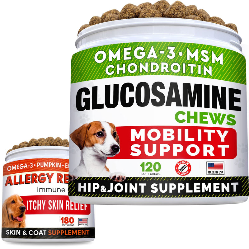 Glucosamine Treats + Allergy Relief Dog Bundle - Joint Supplement w/Omega-3 Fish Oil + Itchy Skin Relief - Chondroitin, MSM + Pumpkin + Enzymes + Turmeric - Skin & Coat - 120+180 Chews - Made in USA - PawsPlanet Australia