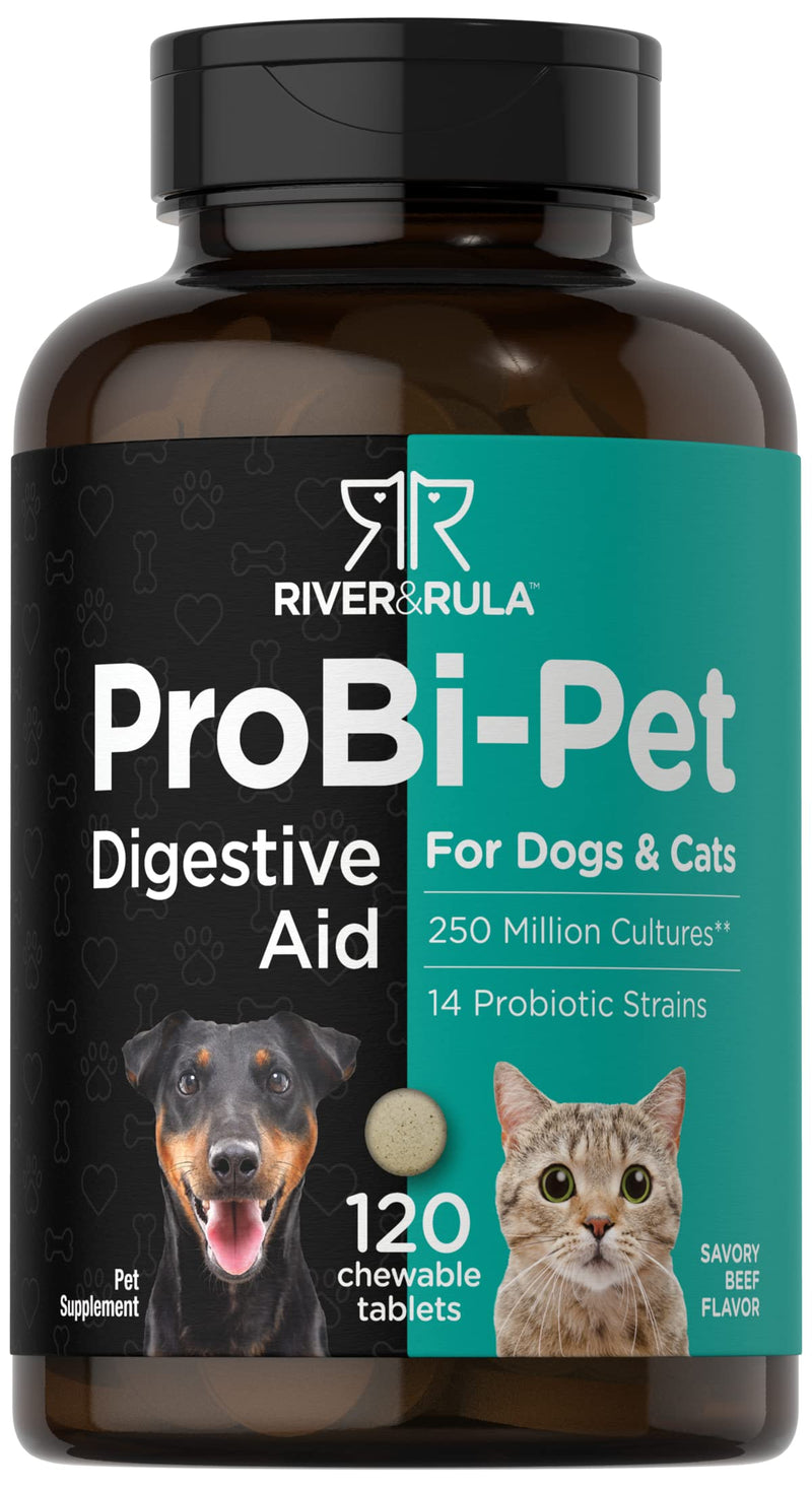 Horbäach Probiotics for Dogs & Cats | 120 Chewable Tablets | Digestive Aid | with 14 Probiotic Strains | Savory Beef Flavored Pet Supplement | by River & RULA 120 Count (Pack of 1) - PawsPlanet Australia