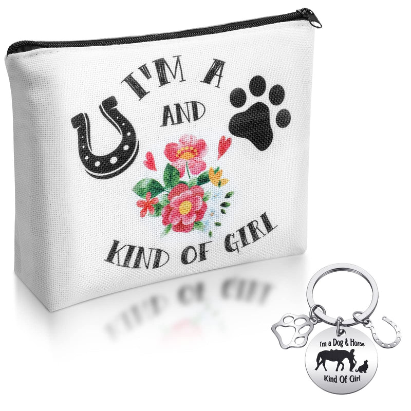Nosiny 2 Pieces Horse Dog Lovers Gifts for Women Teen Makeup Bag Paw Horseshoe Print Cosmetic Bag Equestrian Gift Keychain Dog Horse Gifts for Girls - BeesActive Australia