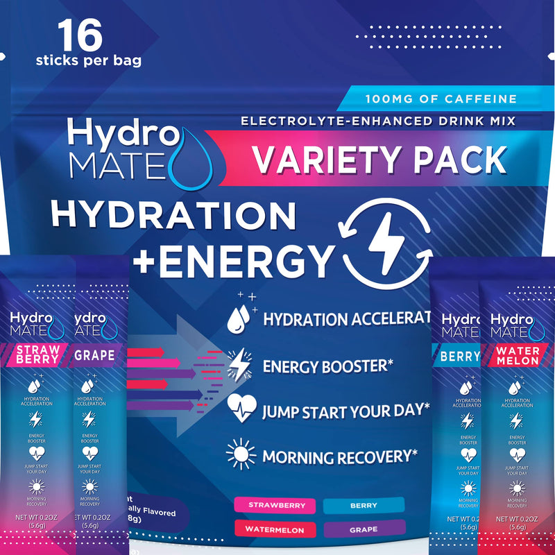 HydroMATE Electrolytes Powder Drink Mix Packets Hydration Accelerator Low Sugar Party Favors for Rapid Recovery Vitamin C Plus Caffeine Variety Pack 16 Sticks 16 Count (Pack of 1)