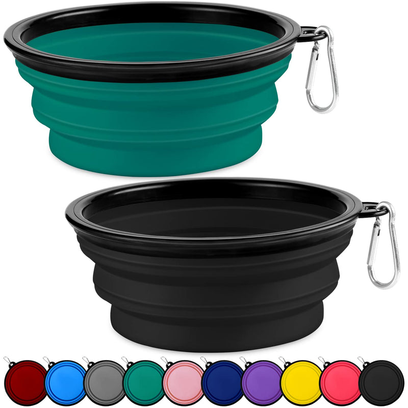Collapsible Dog Bowls-2 Pack Large Size for Large/Medium Dogs, Dog Travel Water Bowl, Dog Cat Portable Water Bowl, Dog Pet Feeding Watering Dish Outdoor Hiking Parking Traveling with 2 Carabiners 01-Black +Dark Green - BeesActive Australia