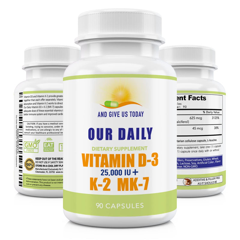 Our Daily Vites Vitamin D-3 25,000 IU + K2 - High Potency D3 with Vitamin K Bone, Immune, Mood + Cardiovascular Support Supplement