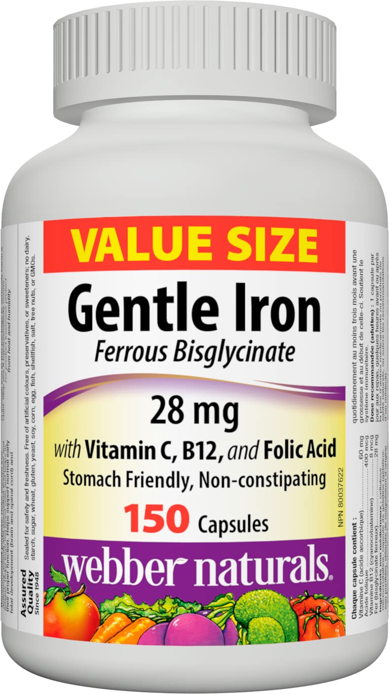 Webber Naturals Gentle Iron Supplement with Vitamin C, B12 and Folic Acid, 28 mg, 150 Capsules, Stomach-Friendly, Non-Constipating, Helps Prevent Iron Deficiency Anemia | Highly Bioavailable Form of Iron, Stomach-Friendly, Non-Constipating, Helps Preve...