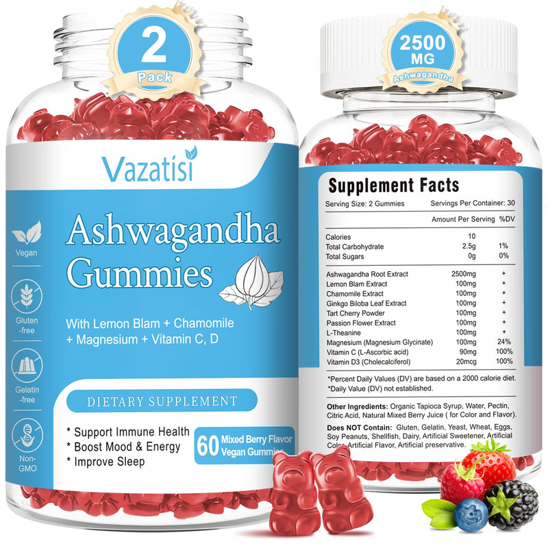 2 Pack Ashwagandha Gummies for Women Men, Sugar Free Organic Ashwagandha Gummies Supplement for Relax Restore Balance, Vegan Gluten Free, 120 Count 60 Count (Pack of 2)