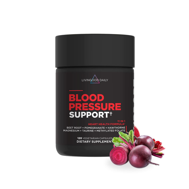 Livingood Daily Blood Pressure Support, Heart Health Supplement, 120 Caps | 11-in-1 Blood Circulation Supplements, Beet Root, Hawthorn, Pomegranate, Magnesium, Taurine, Folate, Vegan, Made in USA