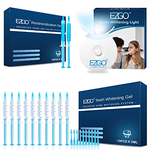 EZGO Teeth Whitening Gel Refill Pack and Remineralization Gel Teeth Whitening LED Light Combo, Non-Sensitive Teeth Whitener Sets Helps to Remove Smoking, Coffee, Wine Stains