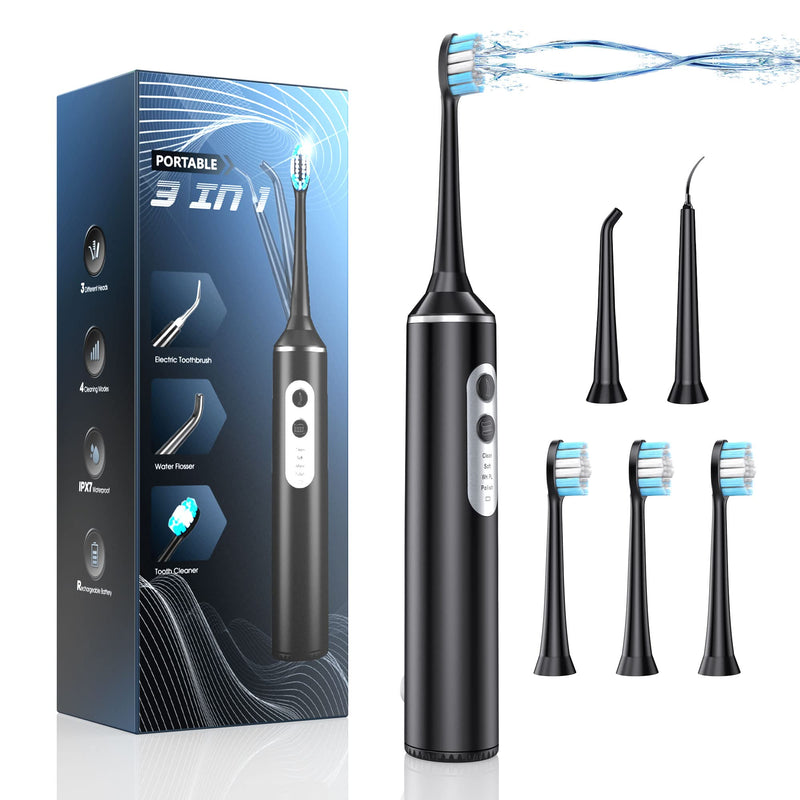 Water Dental Flosser with Electric Toothbrush, One Switch Between Tooth Brush & Water Floss, 3 in 1 Teeth Cleaning Kit with 4 Modes, Water Flosser Portable for Travel and Home (Black) Black - BeesActive Australia
