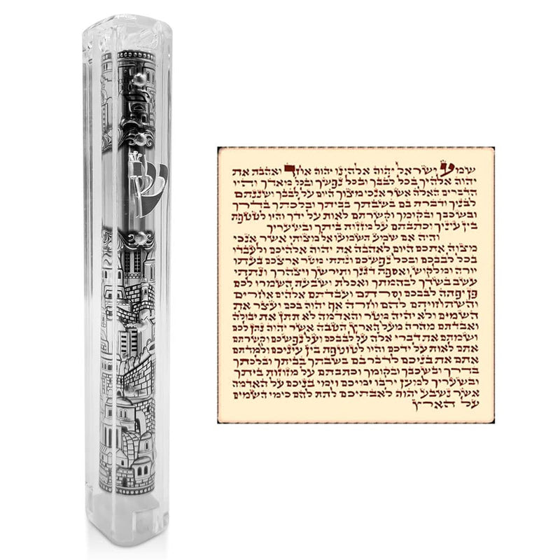 TALISMAN4U Jerusalem Clear Mezuzah Case with Scroll Silver Ornament Hebrew Shin Classic Israel Judaica Waterproof Door Mezuza 5 Inch - BeesActive Australia