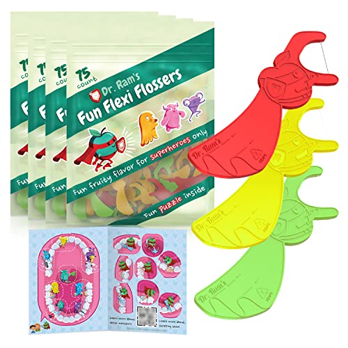 Dr. Ram's Fun Flexi Flossers for Kids - 300 Count Kids Dental Floss - Anti-Ouch Shape with Puzzle and Game - Light Citrus Fruit Scent Kid Floss 300 Foot (Pack of 1)