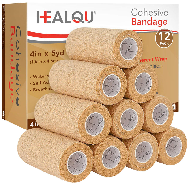 HEALQU Self Adhesive Bandage Wrap – 4" x 5 Yard, 12 Rolls Cohesive Tape for Athletic & Sports - Self Adherent Medical Tape, Flexible, Waterproof Elastic Bandages for Wrist & Ankle Vet Wrap for Dogs 4 Inch Box of 12 - BeesActive Australia