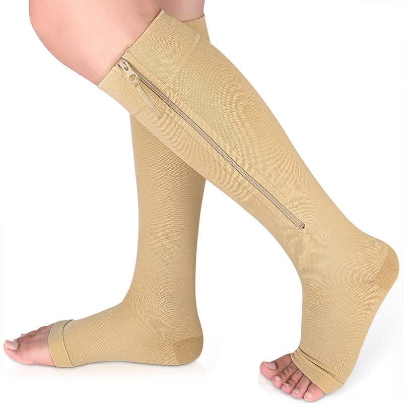 Ailaka Medical Compression Socks with Zipper, Knee High 15-20 mmHg Compression Socks for Women Men, Open Toe Support Socks for Varicose Veins, Edema, Recovery, Pregnant, Nurse 2X-Large (1 Pair) Beige