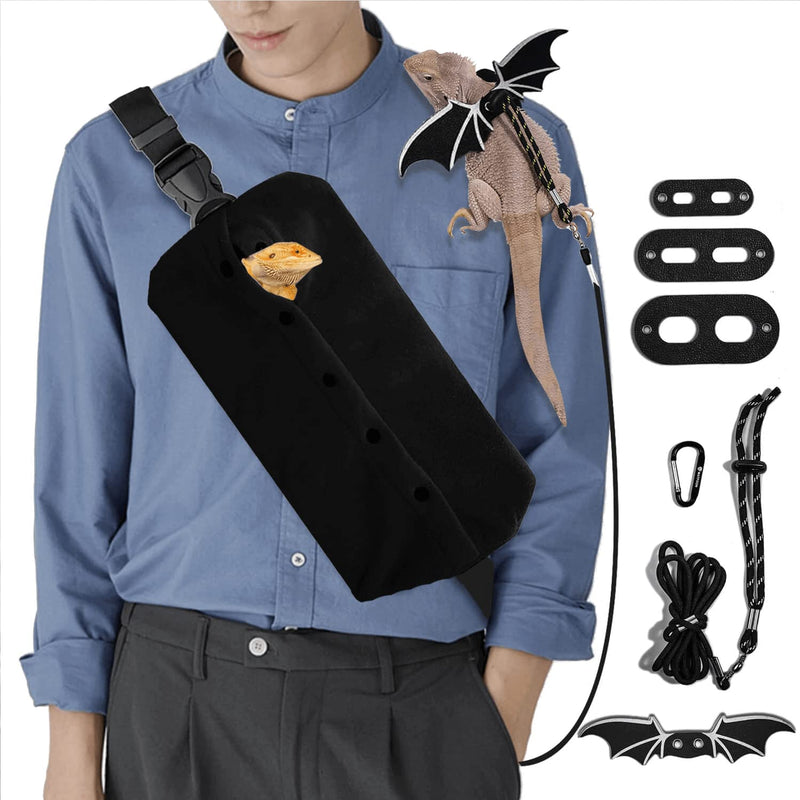 WATFOON Adjustable Lizard Leather Leash Harness and Bearded Dragon Carrier Sling, Reptile Small Pet Training Leashes and Beardie Snuggle Sling Bag for Outdoor Travel (L Black Sling) Leash + L Black Sling (Gift) - BeesActive Australia